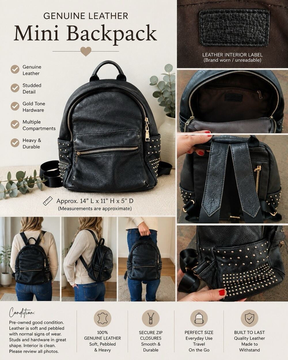 Genuine Leather Studded Mini Backpack Black Gold Hardware